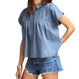 Lucky Brand Chambray Blue 100% Cotton Crop Blue Gray Babydoll Relaxed Boho Top